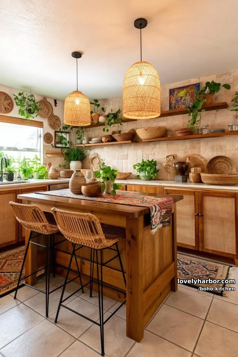 bohemian kitchen, rattan cabinets, wooden island, woven pendants, patterned rugs, greenery. 1
