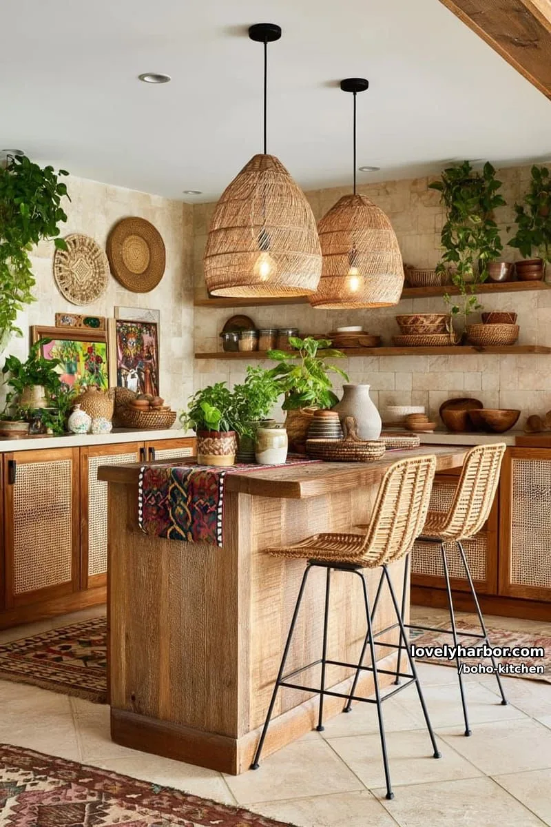 bohemian kitchen, rattan cabinets, wooden island, woven pendants, patterned rugs, greenery. 1