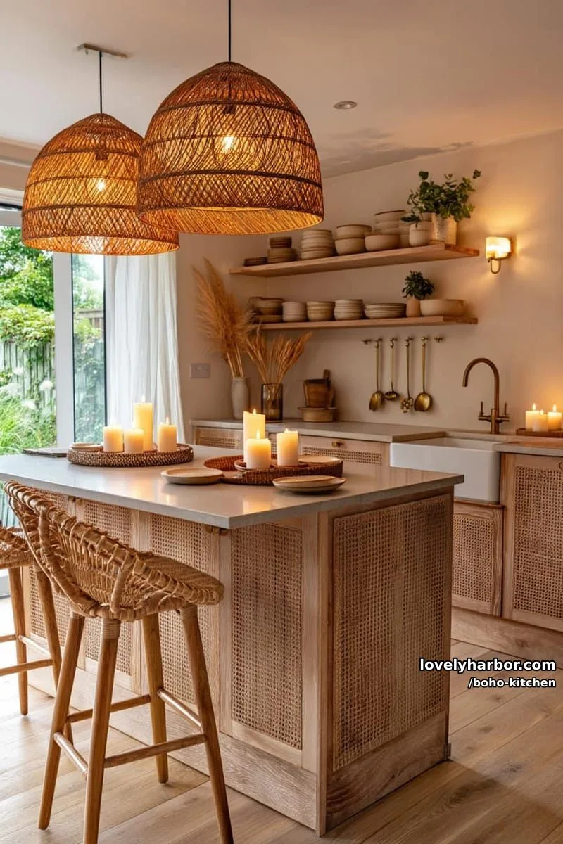 bohemian kitchen with cane cabinets, woven lights, open shelves, and candles. 1