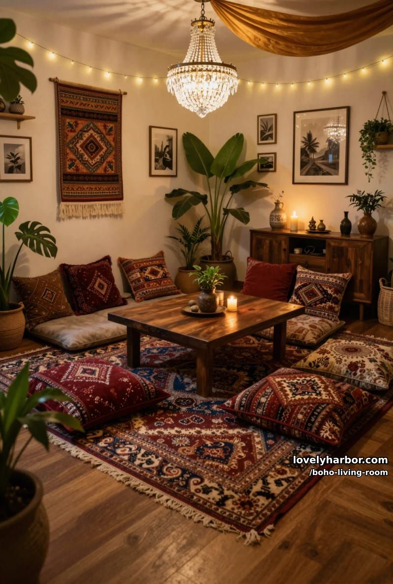 bohemian living room with floor cushions, persian rugs, and string lights. 1