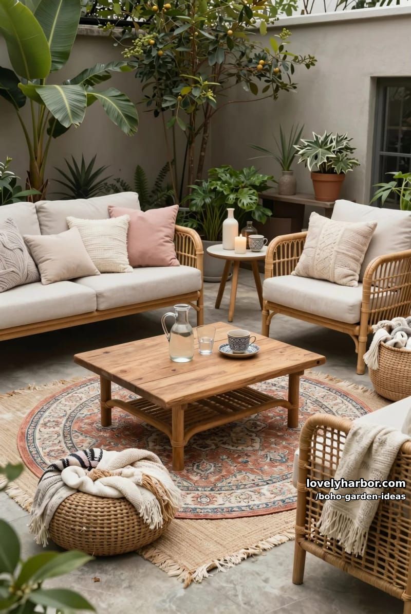 bohemian patio with rattan furniture, layered rugs, candles, and lush greenery. 1