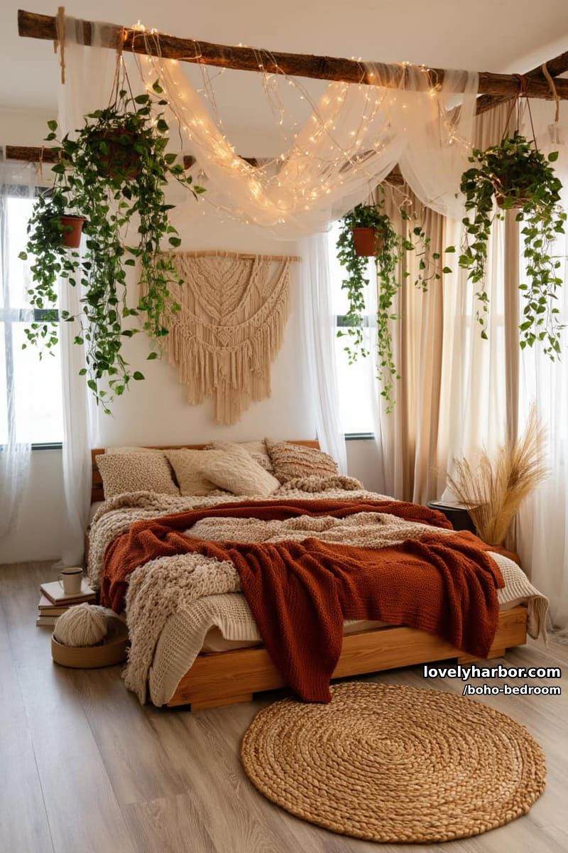 boho bedroom with layered blankets, trailing plants, and draped fabric ceiling. 1
