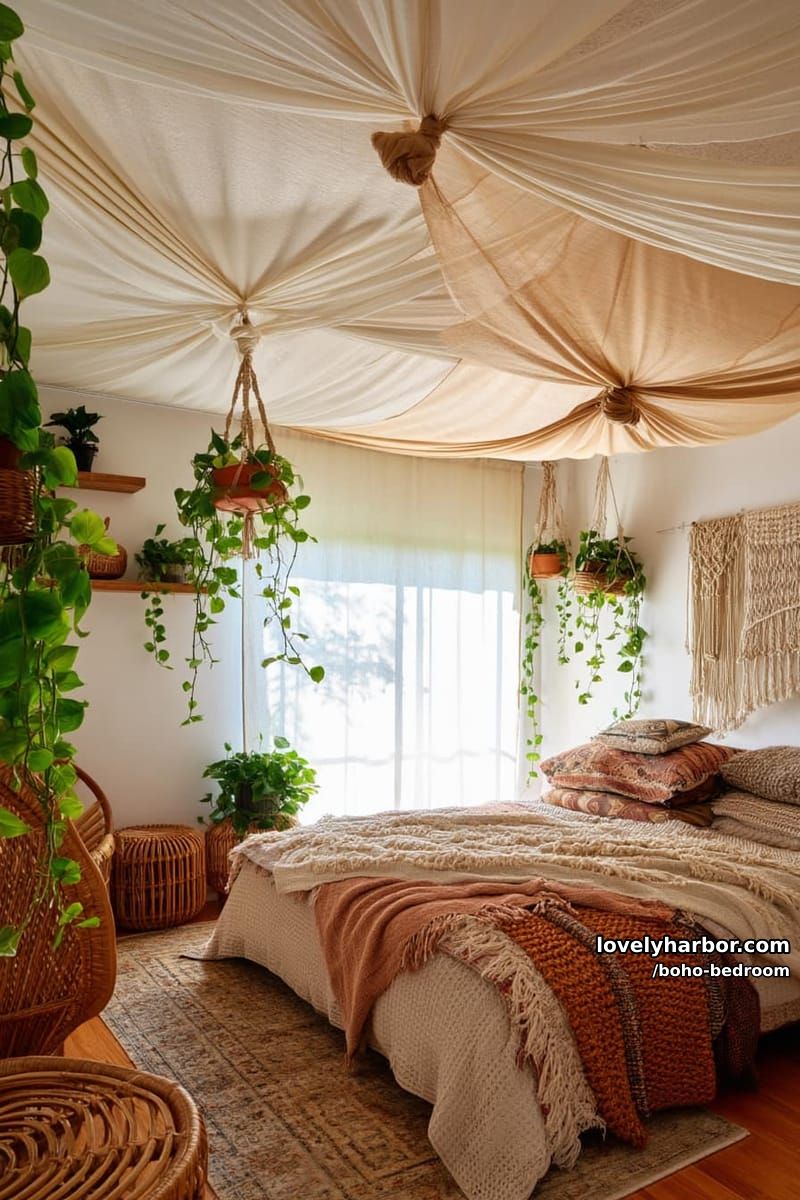 boho bedroom with layered blankets, trailing plants, and draped fabric ceiling. 1