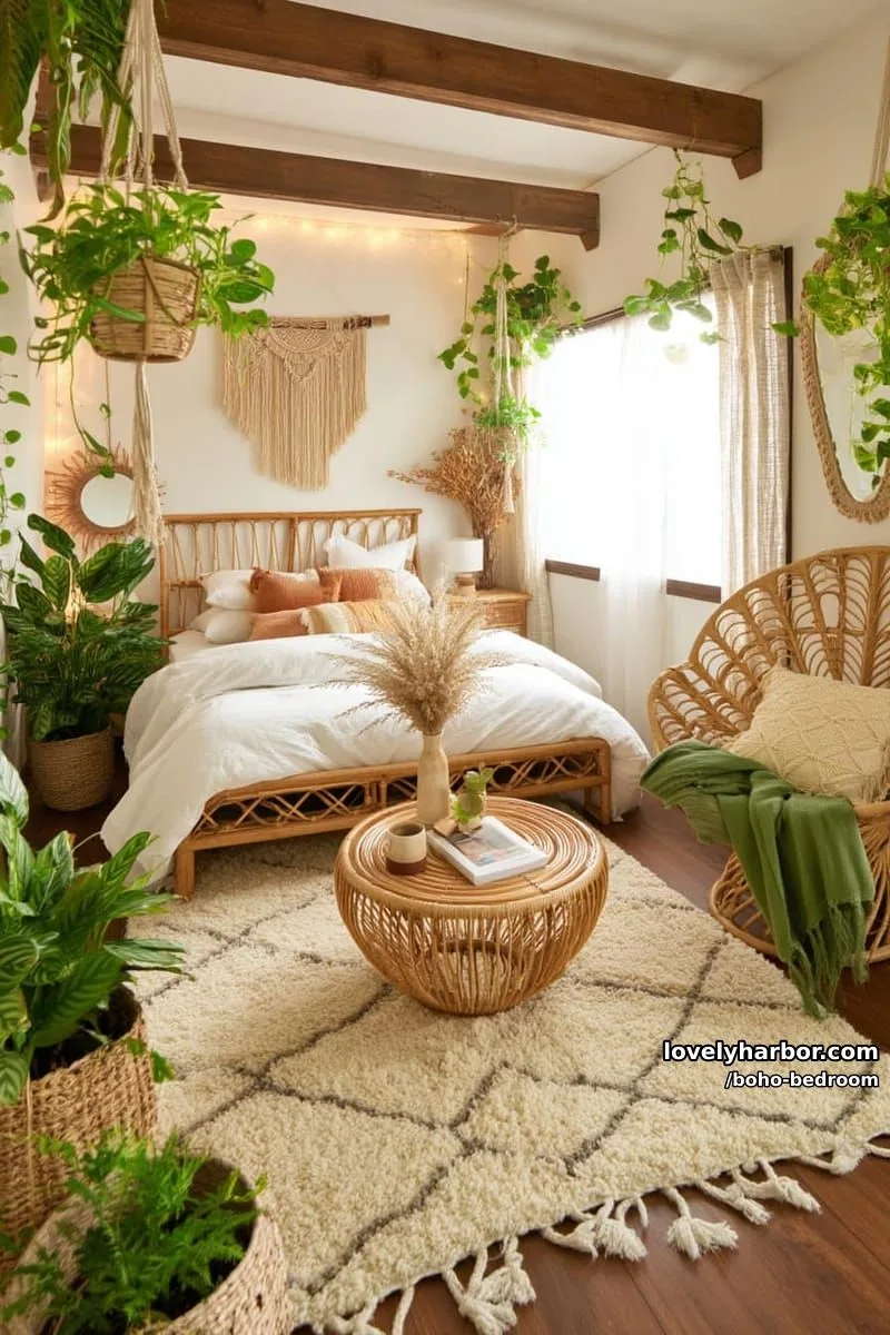 boho bedroom with rattan furniture, macrame decor, and lush potted plants. 1