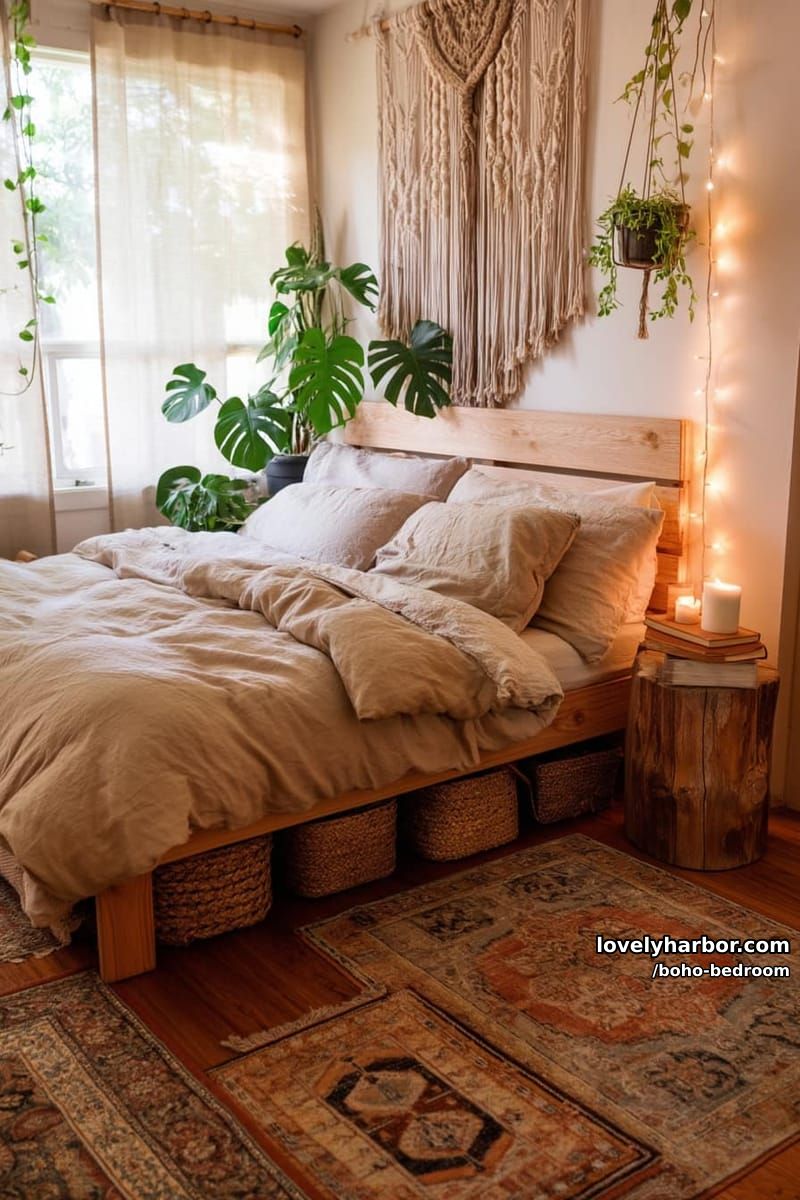 boho bedroom with woven baskets, layered rugs, string lights, and hanging plants. 1