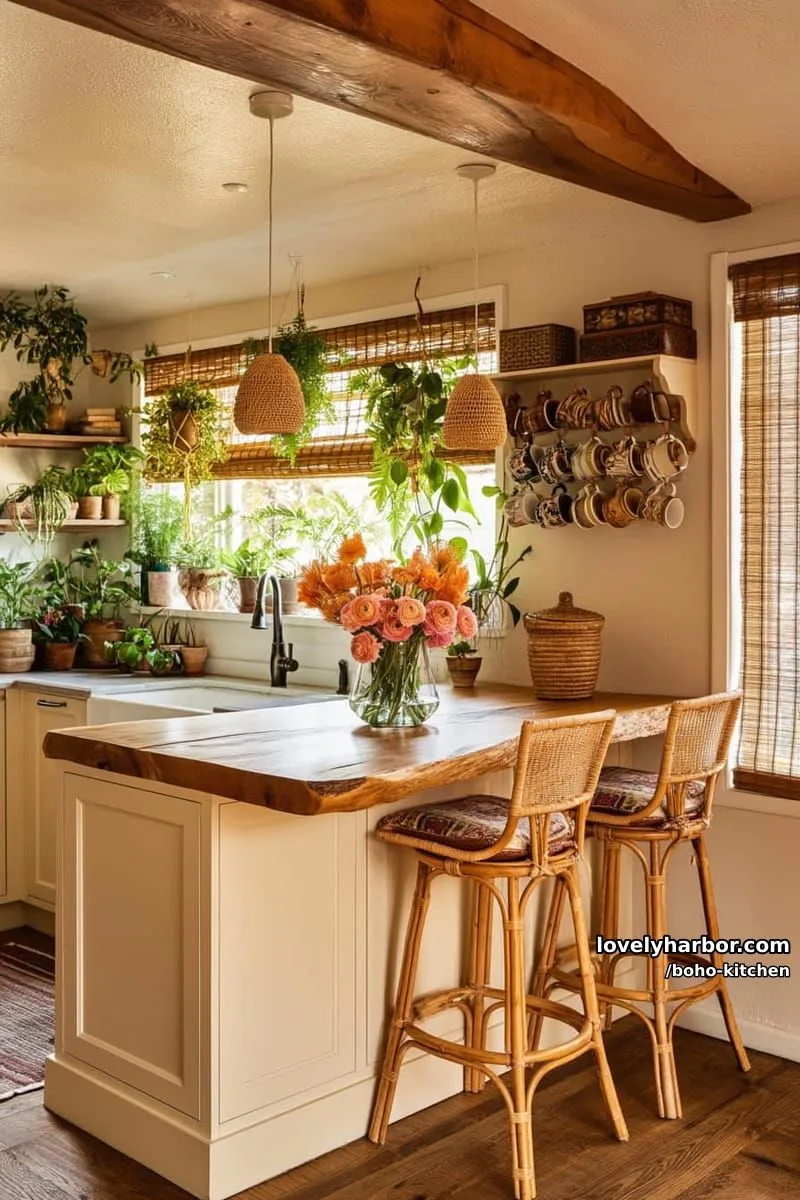 boho kitchen, cream cabinets, live-edge wood, wicker stools, woven lights, potted plants. 1