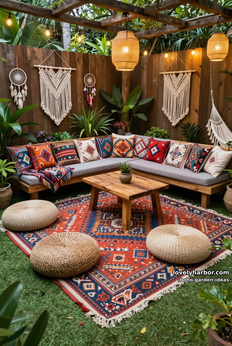 boho patio with l-shaped sofa, poufs, string lights, and macrame wall hangings. 1
