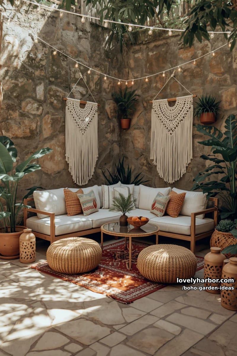 boho patio with l-shaped sofa, poufs, string lights, and macrame wall hangings. 1