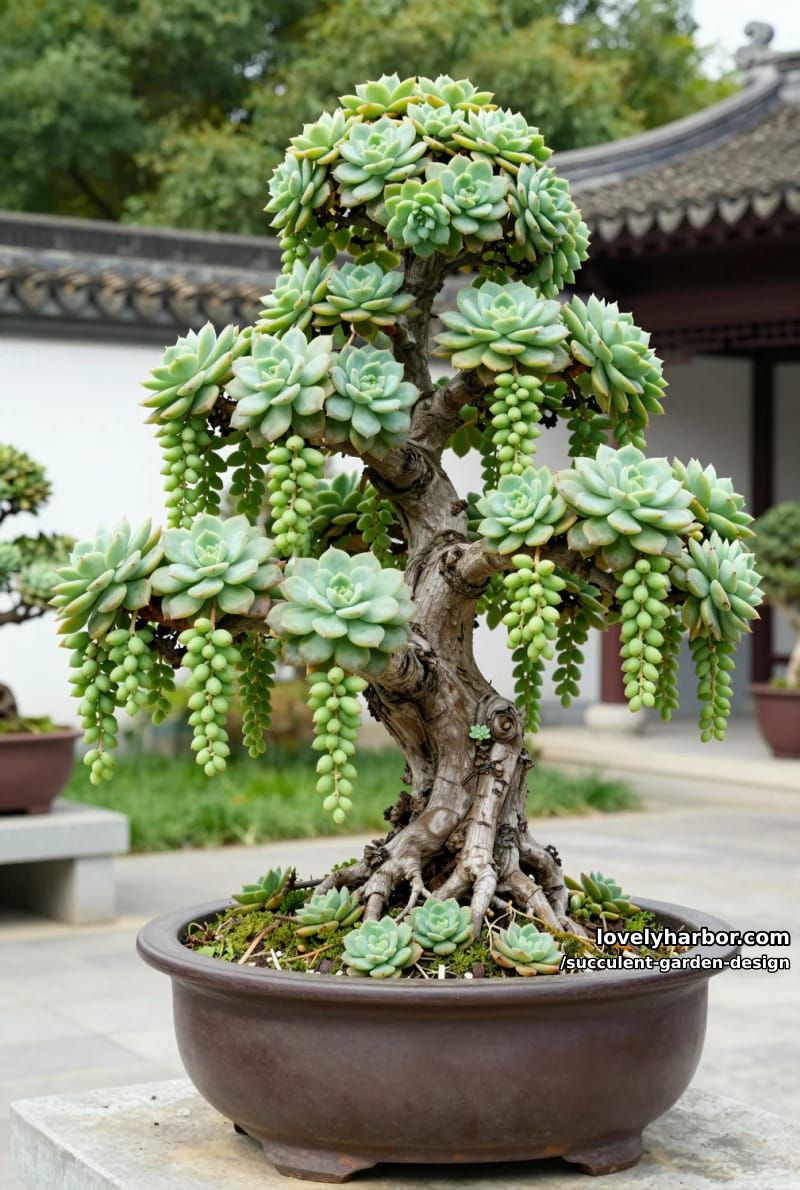 bonsai tree adorned with succulent rosettes and cascading bead-like leaves. 1