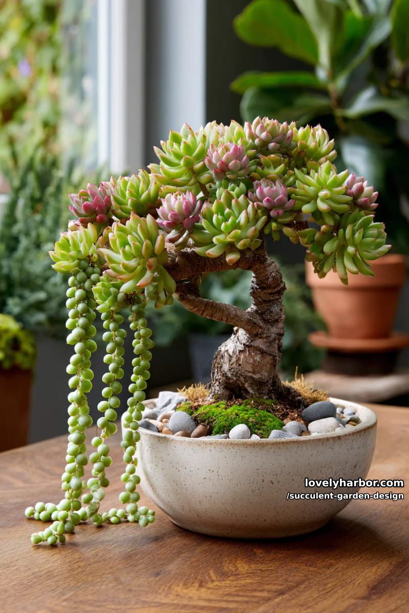 bonsai tree adorned with succulent rosettes and cascading bead-like leaves. 1