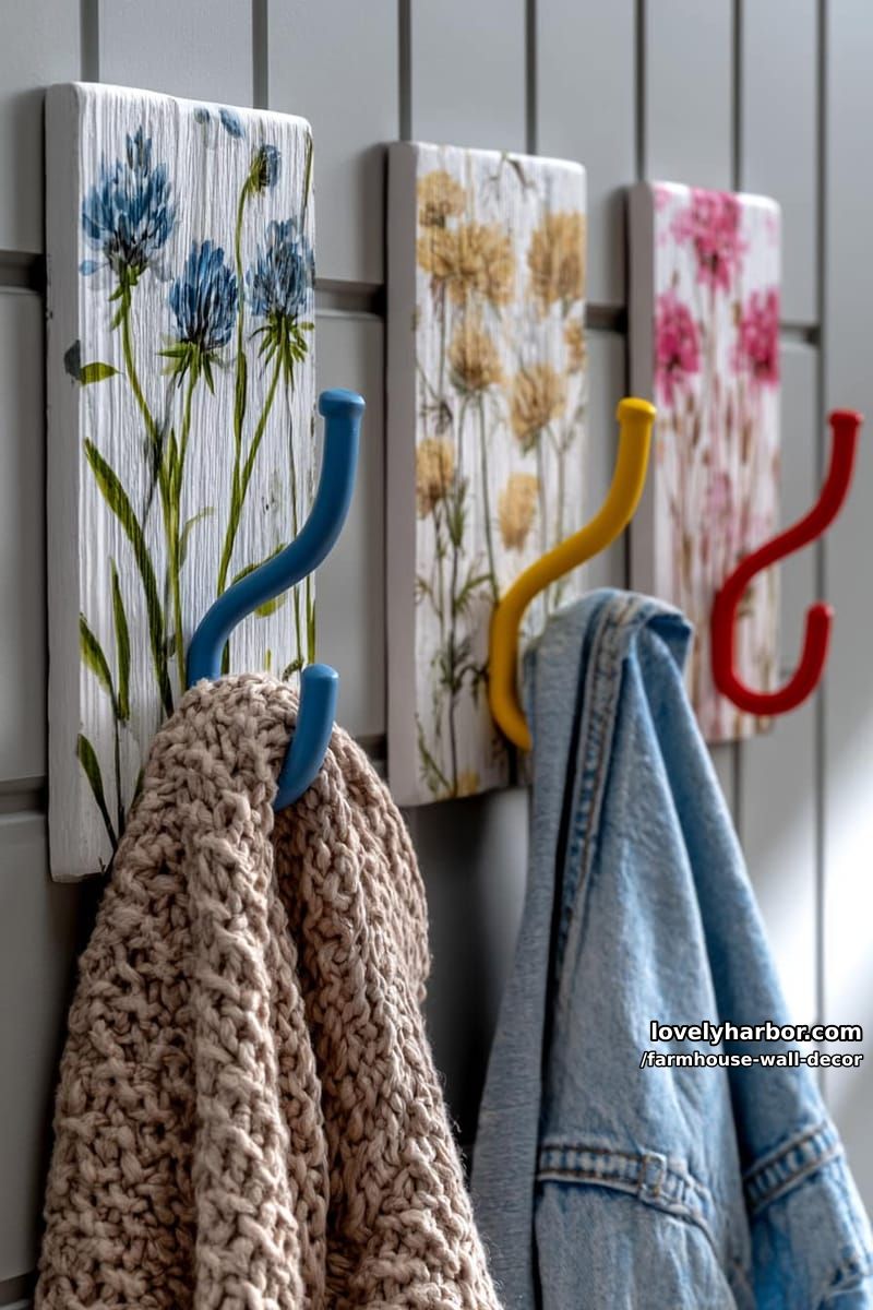 botanical floral wall plaques with metal hooks for hanging garments. 1