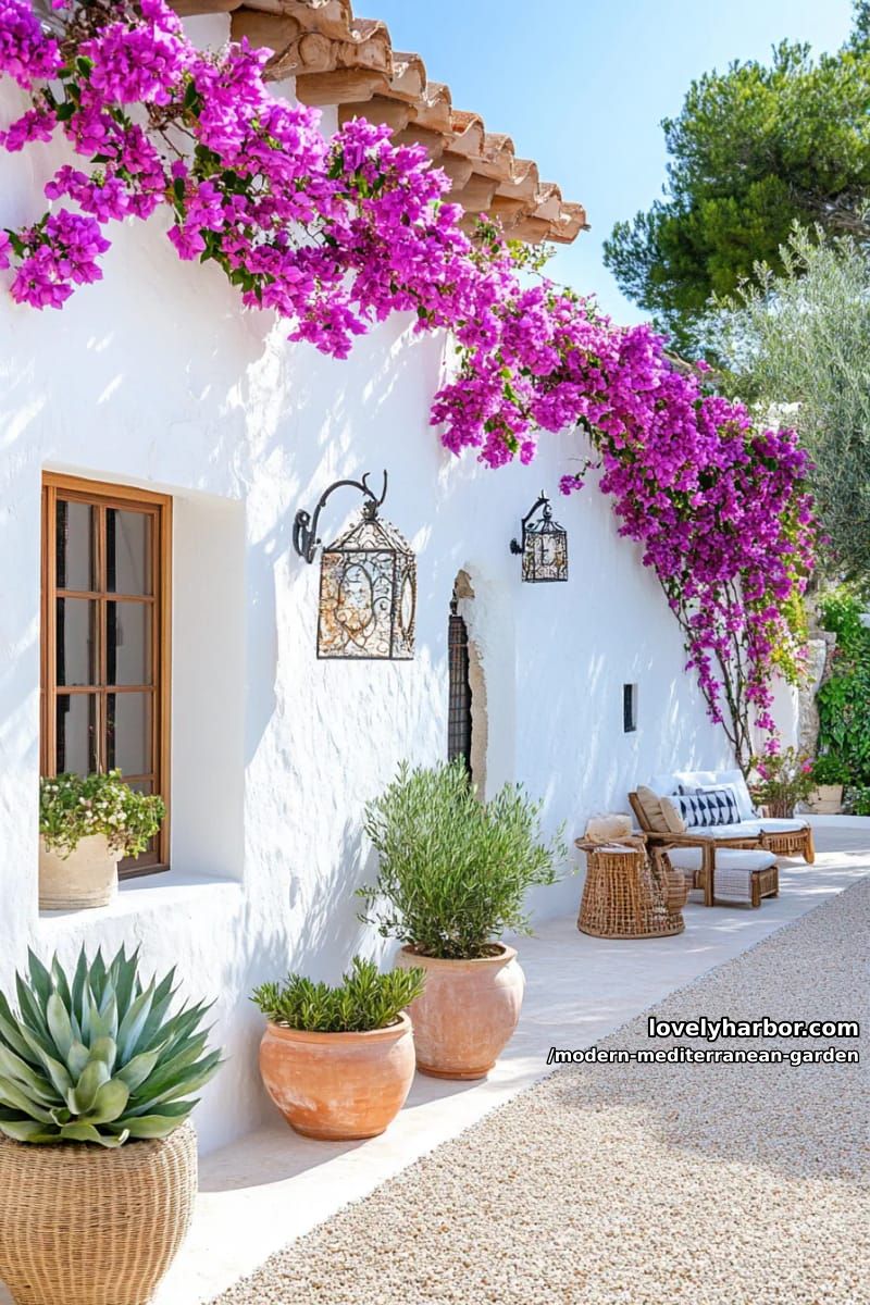 bougainvillea cascading over white stucco wall, vibrant pink flowers, and blue sky. 1
