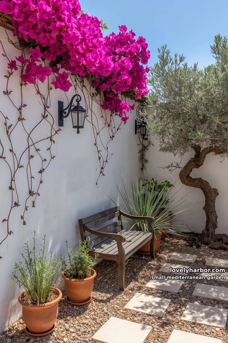 bougainvillea cascading over whitewashed wall under clear blue sky. 1