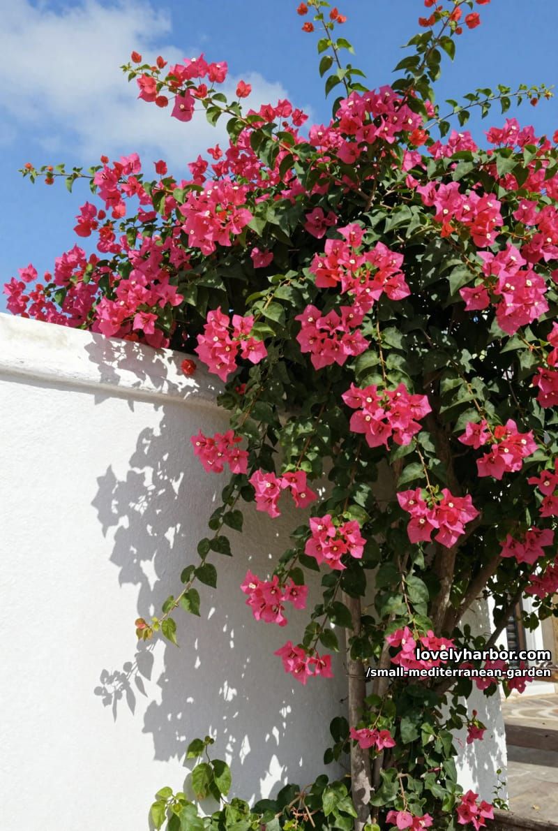 bougainvillea cascading over whitewashed wall under clear blue sky. 1