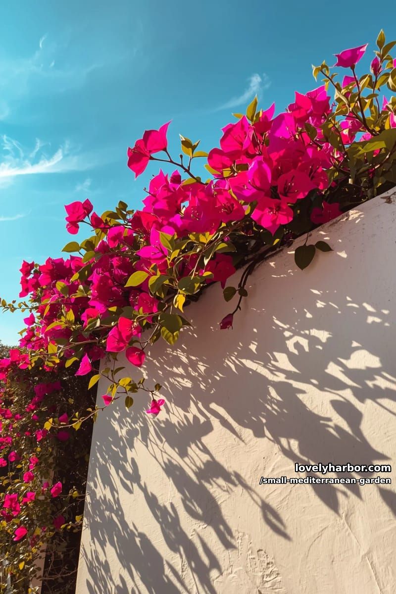 bougainvillea cascading over whitewashed wall under clear blue sky. 1