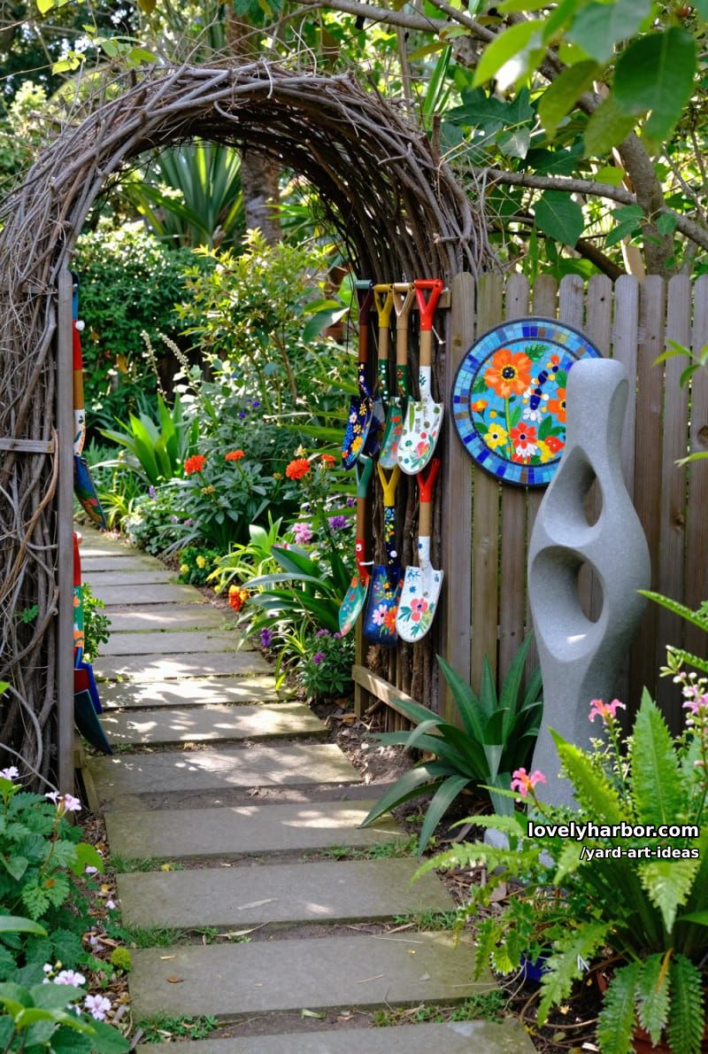 branch archway tunnel with painted shovels and mosaic garden art. 1