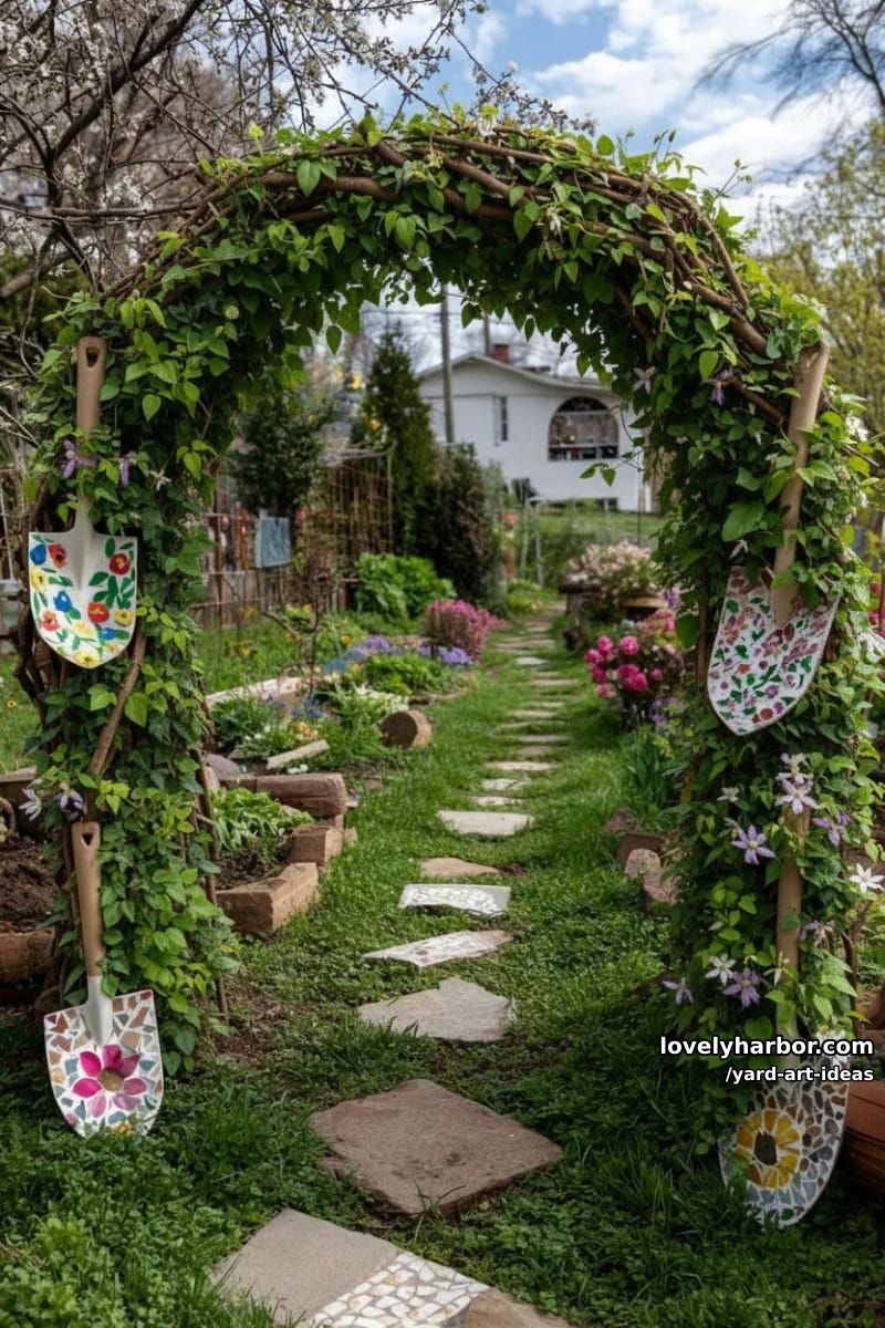 branch archway tunnel with painted shovels and mosaic garden art. 1
