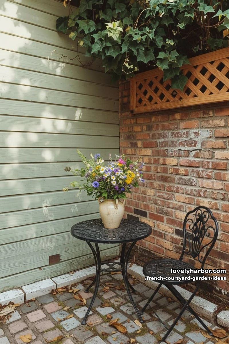 brick and wood corner with ivy, cobblestones, lattice, and natural daylight. 1