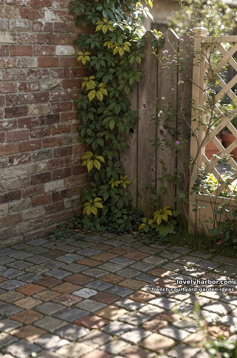 brick and wood corner with ivy, cobblestones, lattice, and natural daylight. 1