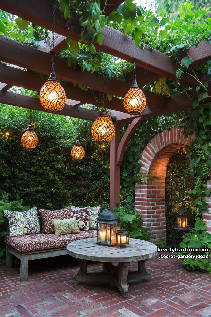 brick patio with pergola, hanging lanterns, rustic bench, and cozy atmosphere. 1