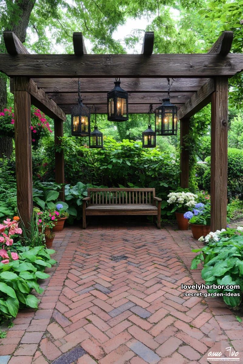 brick patio with pergola, hanging lanterns, rustic bench, and cozy atmosphere. 1