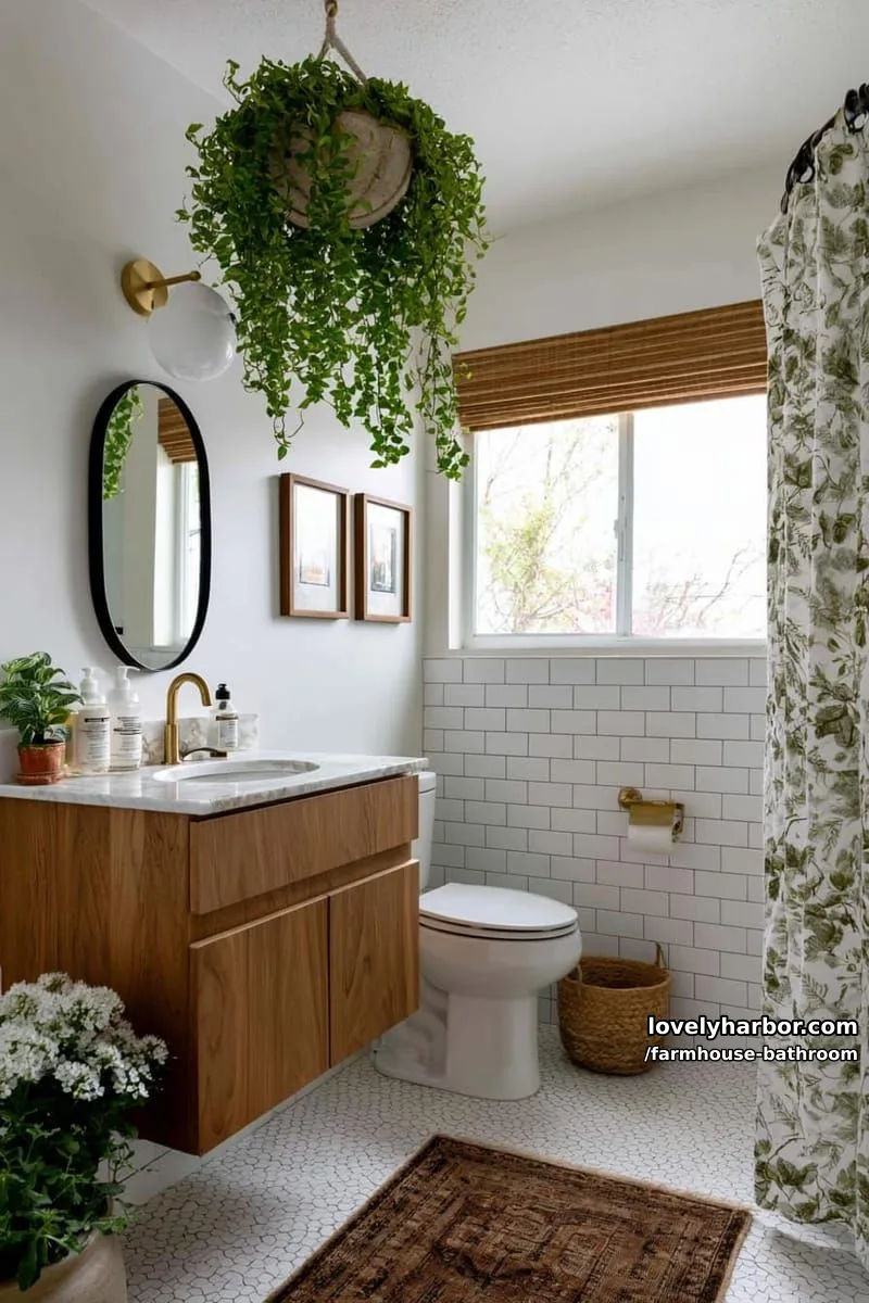 bright bathroom with wood vanity, marble countertop, oval mirror, and hanging plants. 1