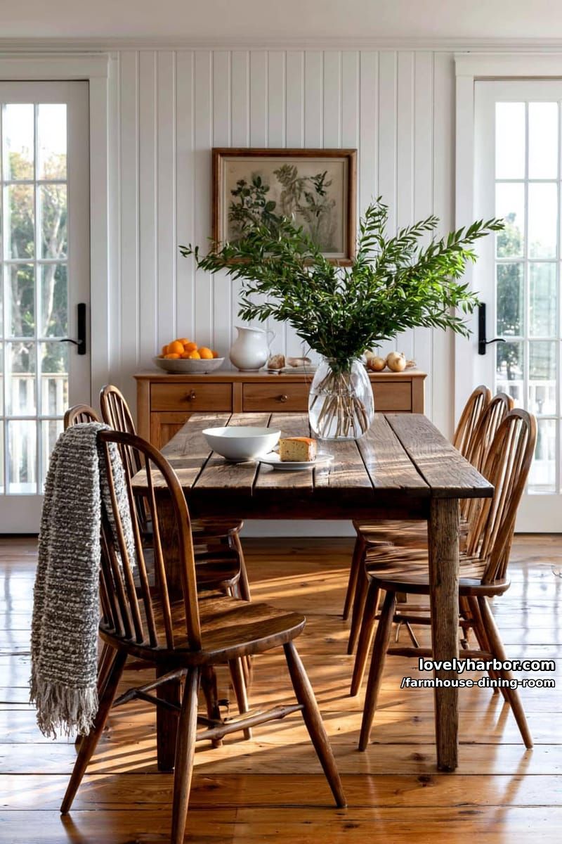 bright dining room with rustic table, leafy vase centerpiece, french doors, wooden sideboard. 1
