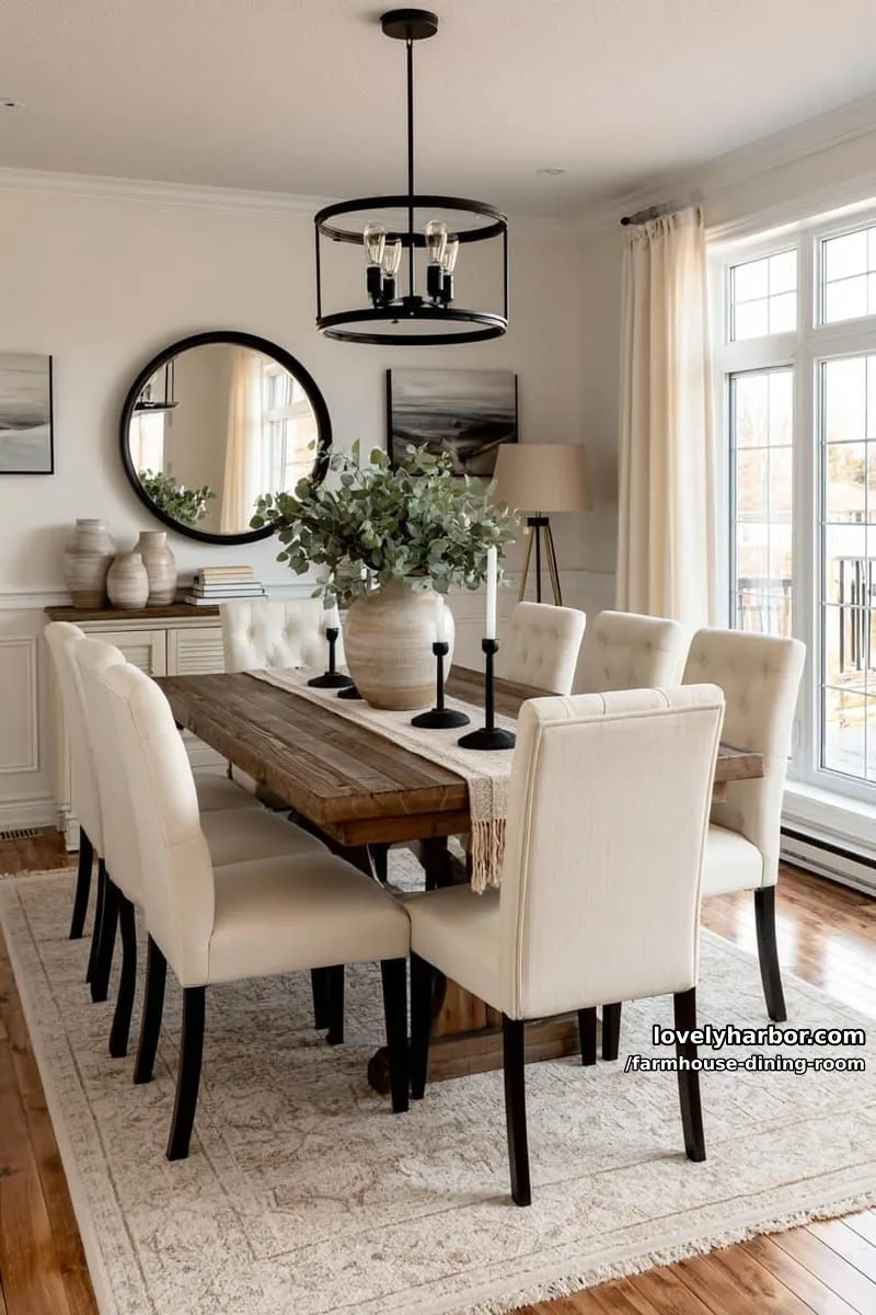 44 Rustic Farmhouse Dining Rooms to Inspire Your Space 1 bright dining room with wooden table, cream chairs, eucalyptus centerpiece, black chandelier. 1