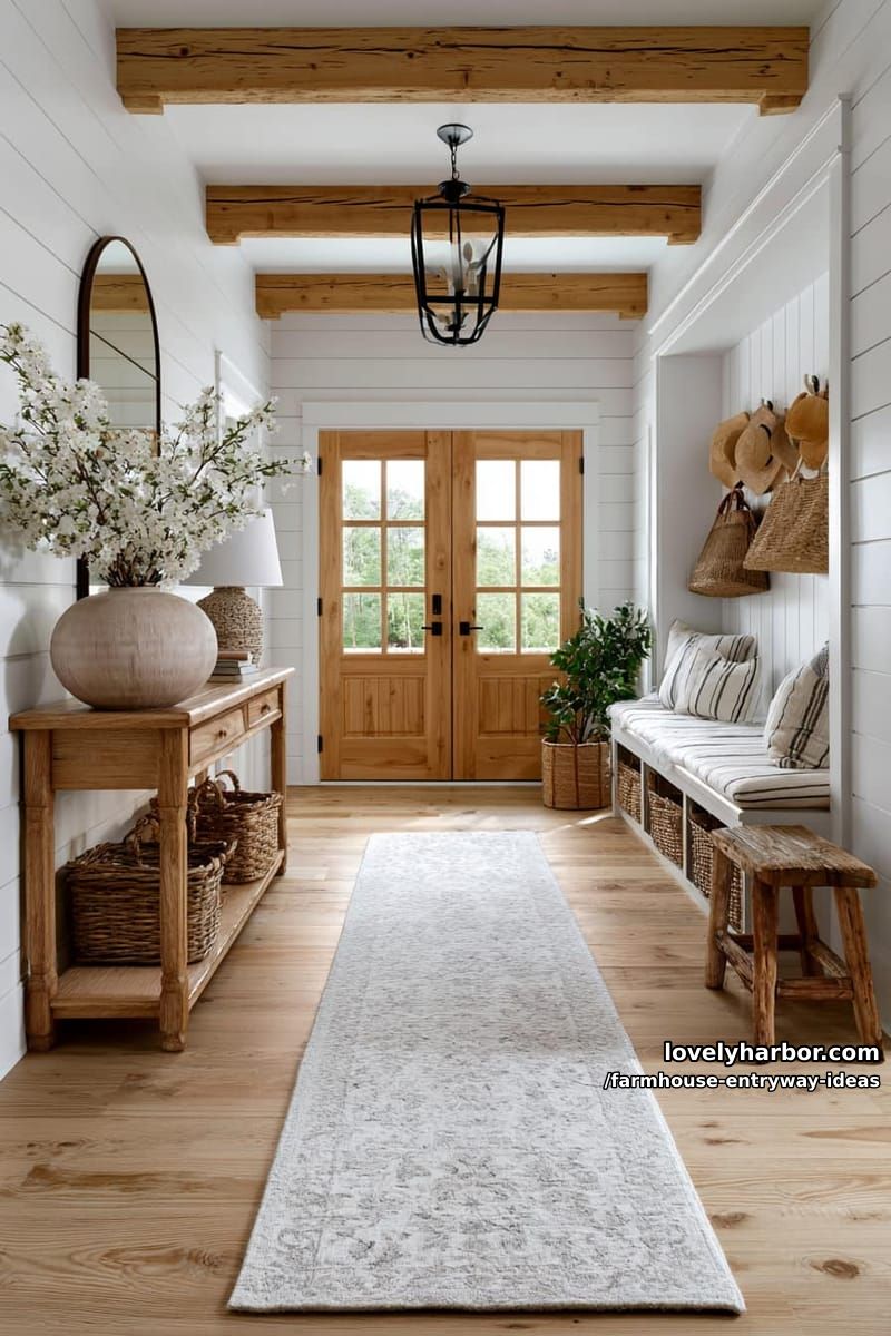 bright entryway with shiplap, built-in bench, console table, and glass doors. 5