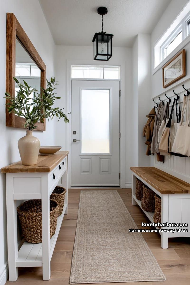 bright entryway with white walls, bench, console, baskets, and patterned runner. 1