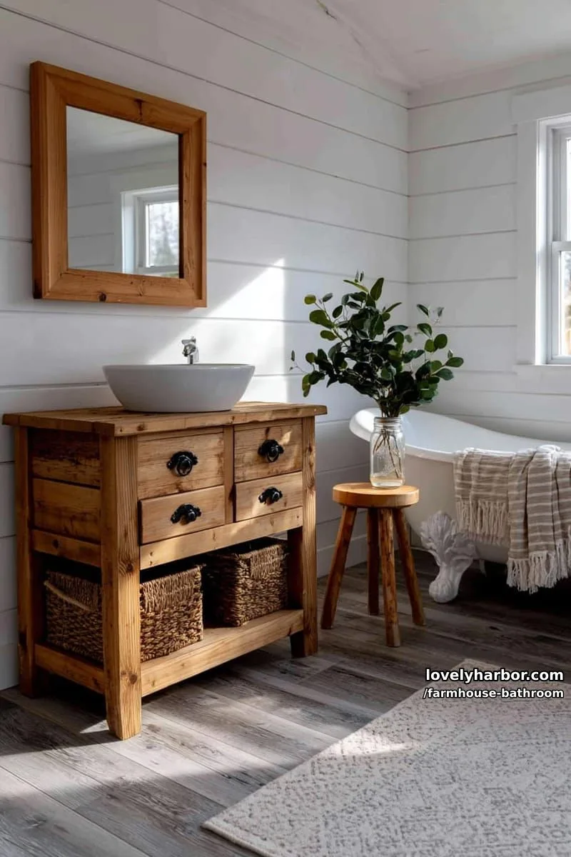 bright farmhouse bathroom with rustic vanity, clawfoot tub, and wood plank floors. 1