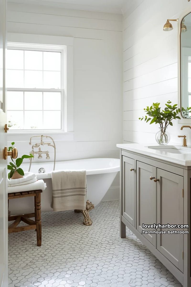 bright farmhouse bathroom with shiplap, clawfoot tub, vintage vanity, and brass fixtures. 1
