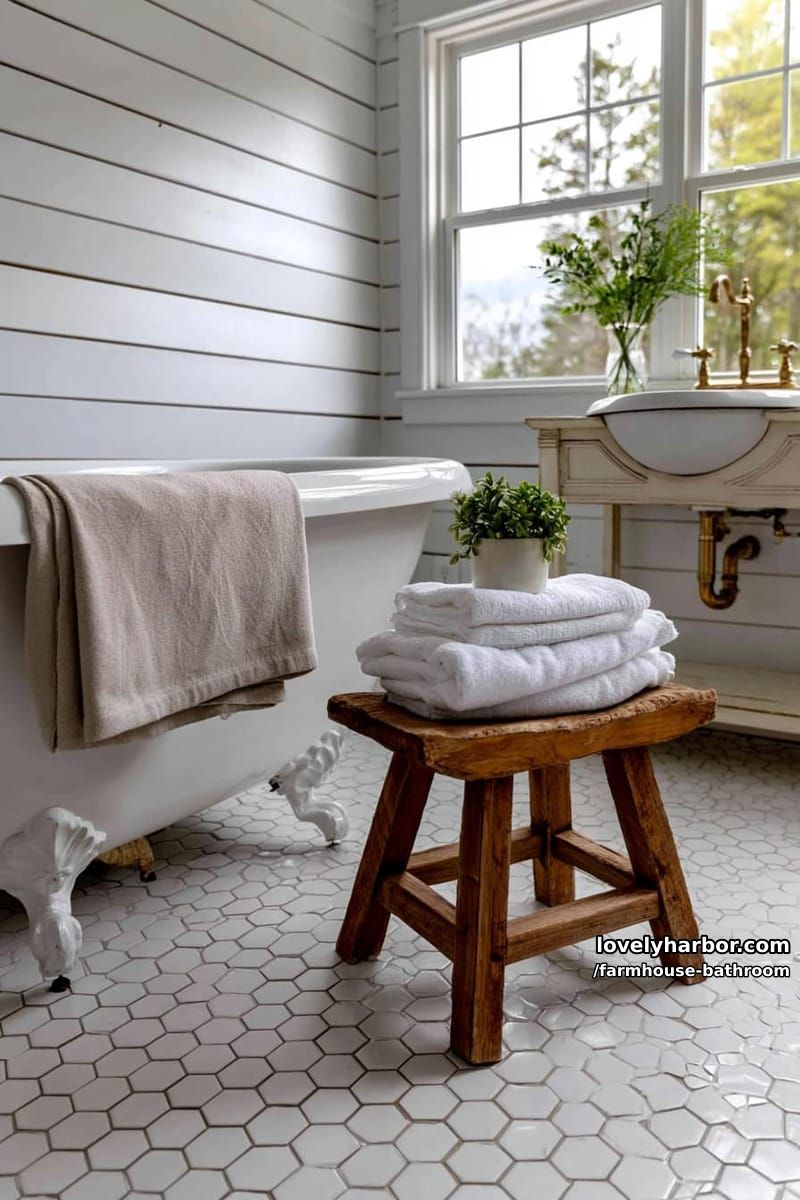 bright farmhouse bathroom with shiplap, clawfoot tub, vintage vanity, and brass fixtures. 1