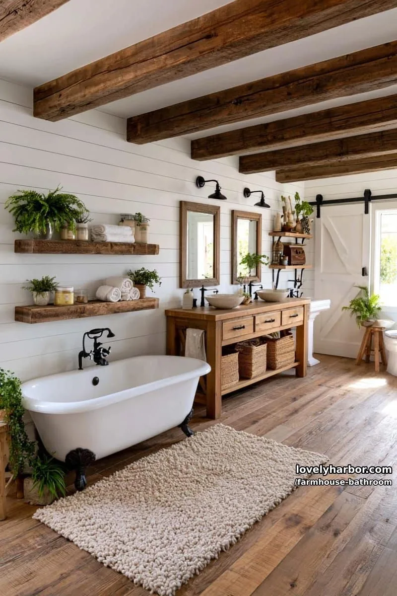 bright farmhouse bathroom with wood beams, double vanity, barn door, and shelves. 1