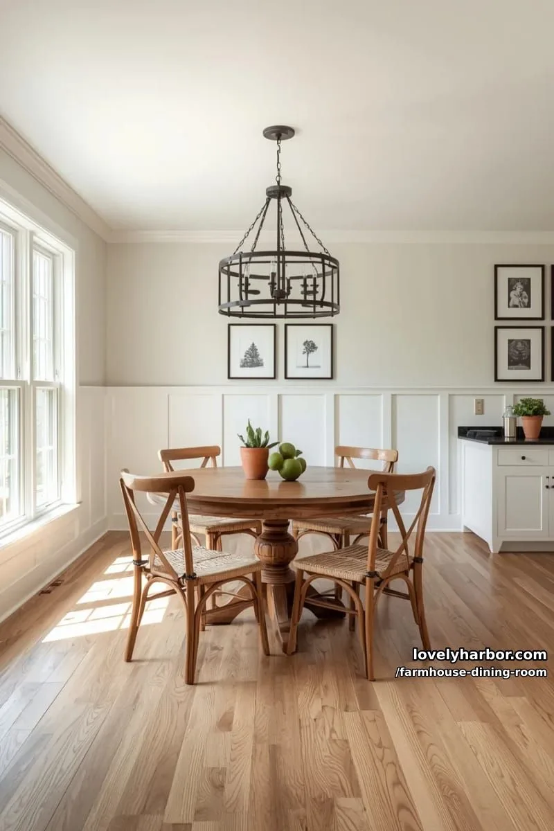 44 Rustic Farmhouse Dining Rooms to Inspire Your Space 21 bright farmhouse dining room with round table, woven chairs, black prints, rustic chandelier. 1