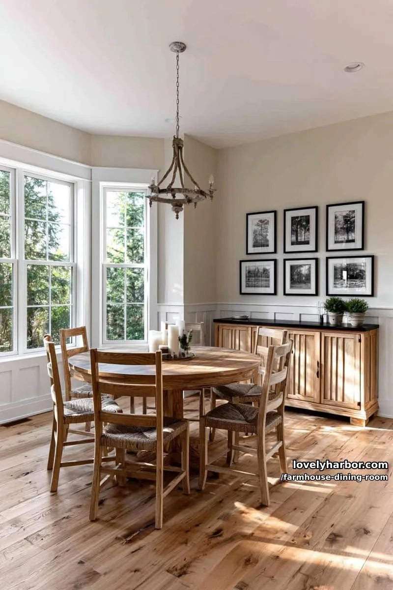 44 Rustic Farmhouse Dining Rooms to Inspire Your Space 22 bright farmhouse dining room with round table, woven chairs, black prints, rustic chandelier. 1