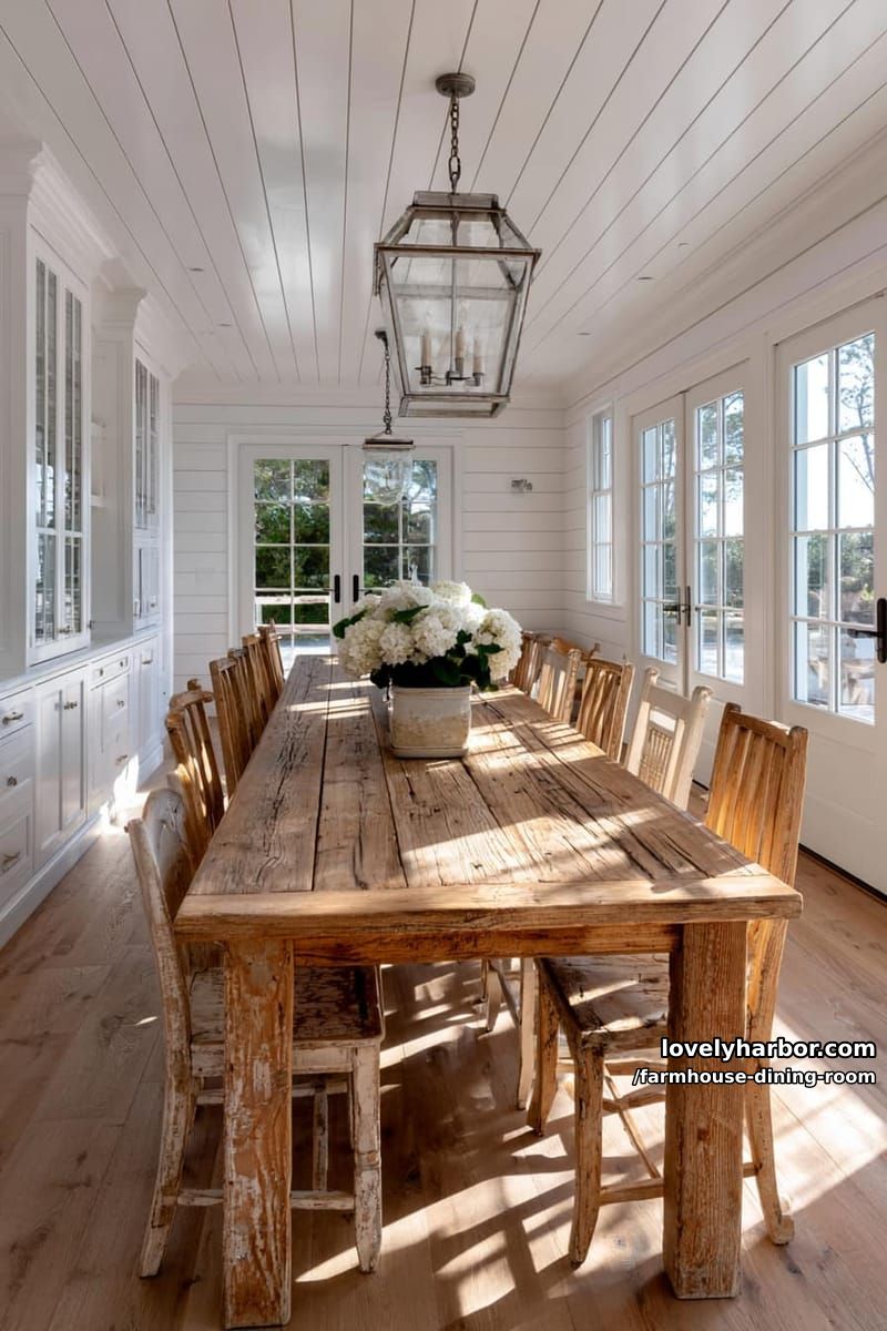 bright farmhouse dining room with rustic table, mismatched chairs, hydrangea centerpiece, geometric pendant. 1
