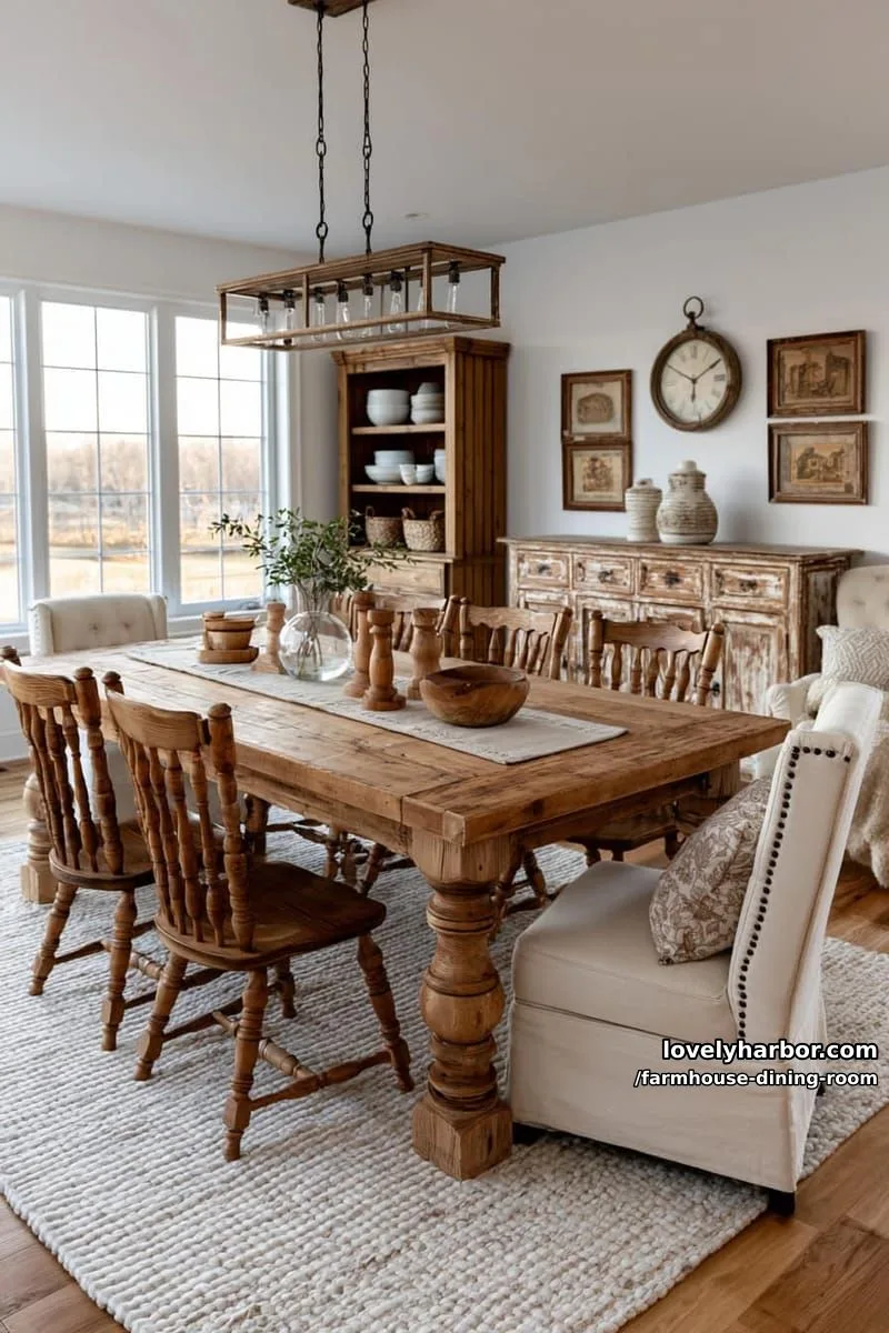 44 Rustic Farmhouse Dining Rooms to Inspire Your Space 13 bright farmhouse dining room with spindle chairs, upholstered chairs, vintage art, farmhouse chandelier. 1