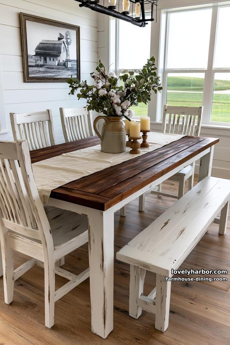 bright farmhouse dining with distressed table, white chairs, cotton stems, barn photo, industrial light. 1