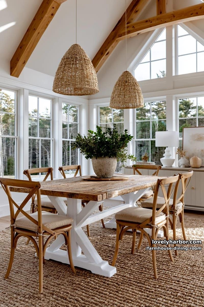 bright farmhouse dining with vaulted ceiling, cross-back chairs, woven pendants, stone vase centerpiece. 1
