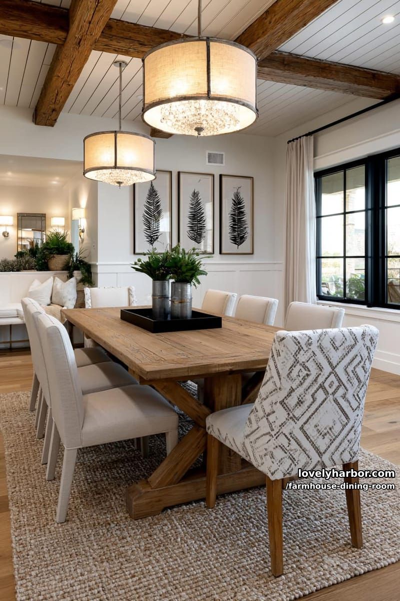 bright farmhouse dining with x-base table, upholstered chairs, drum chandeliers, botanical prints. 1