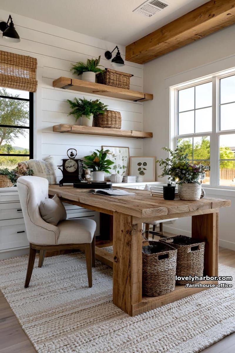 bright farmhouse home office with rustic wooden desk and modern accents. 2