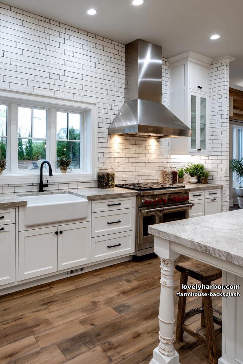 bright farmhouse kitchen with subway tile backsplash and marble island. 1