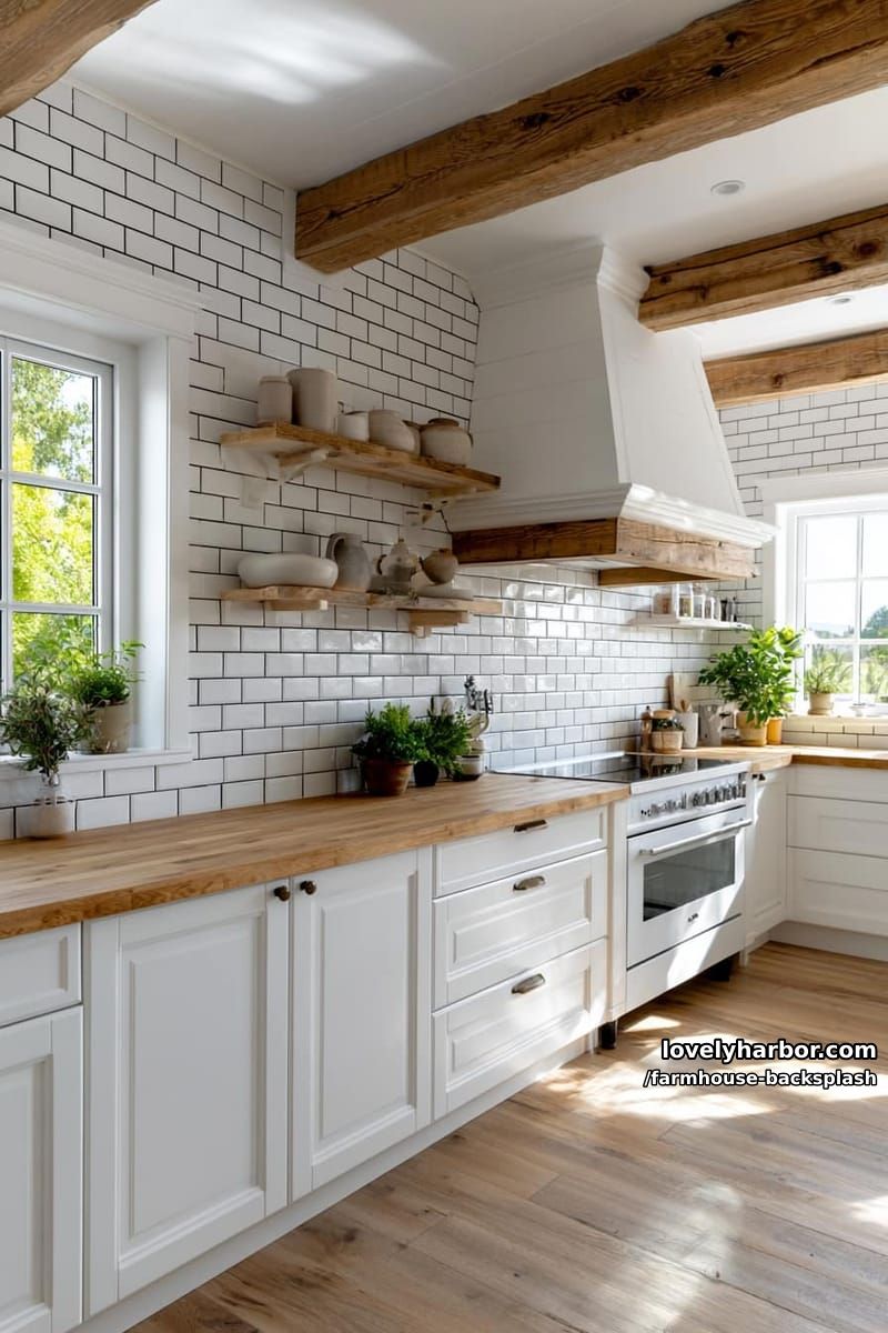 bright farmhouse kitchen with vintage elements and white subway tile backsplash. 1
