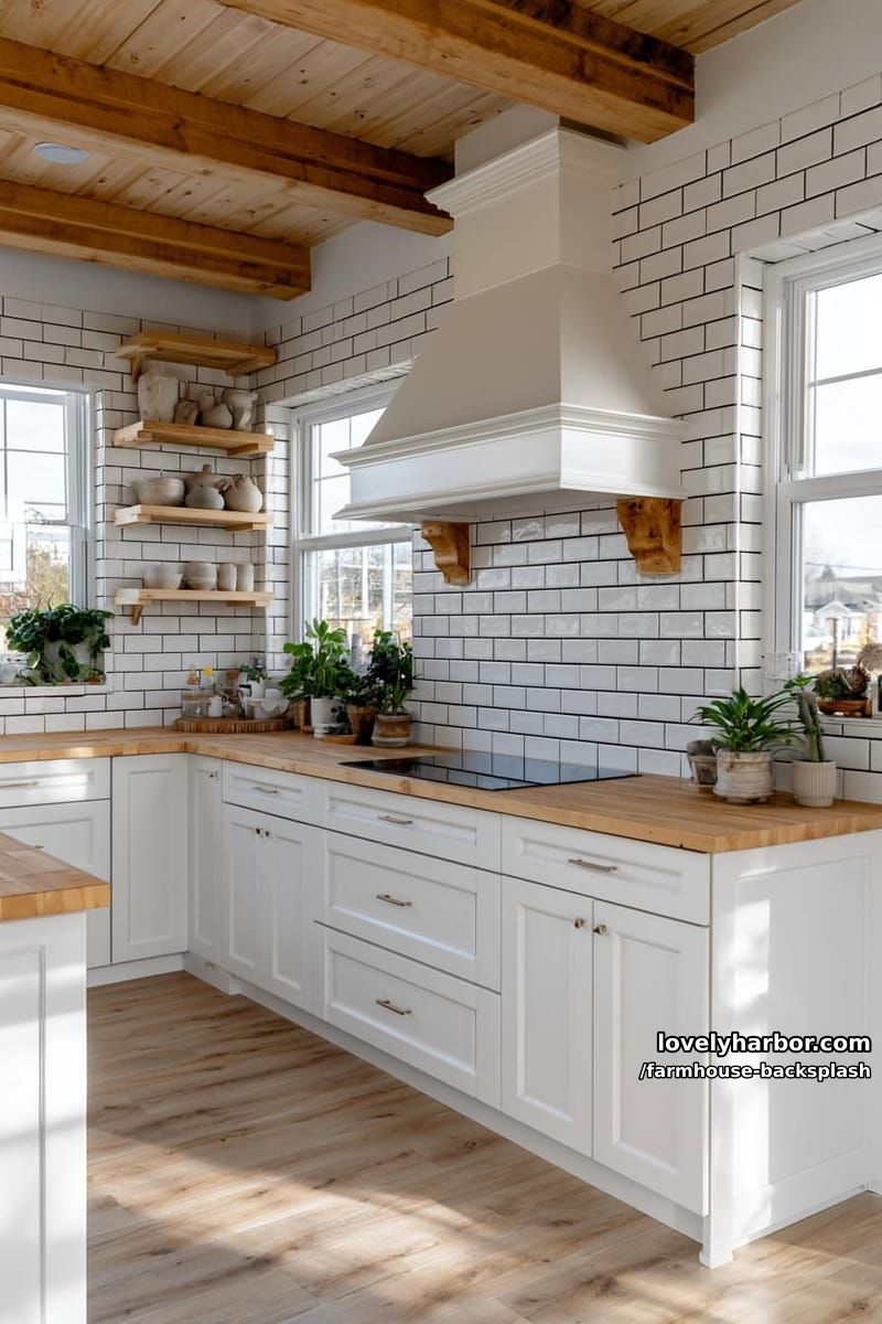 bright farmhouse kitchen with vintage elements and white subway tile backsplash. 1