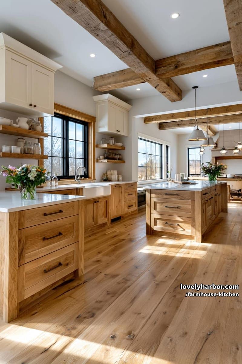 bright farmhouse kitchen with wood beams, apron sink, and open shelving. 1