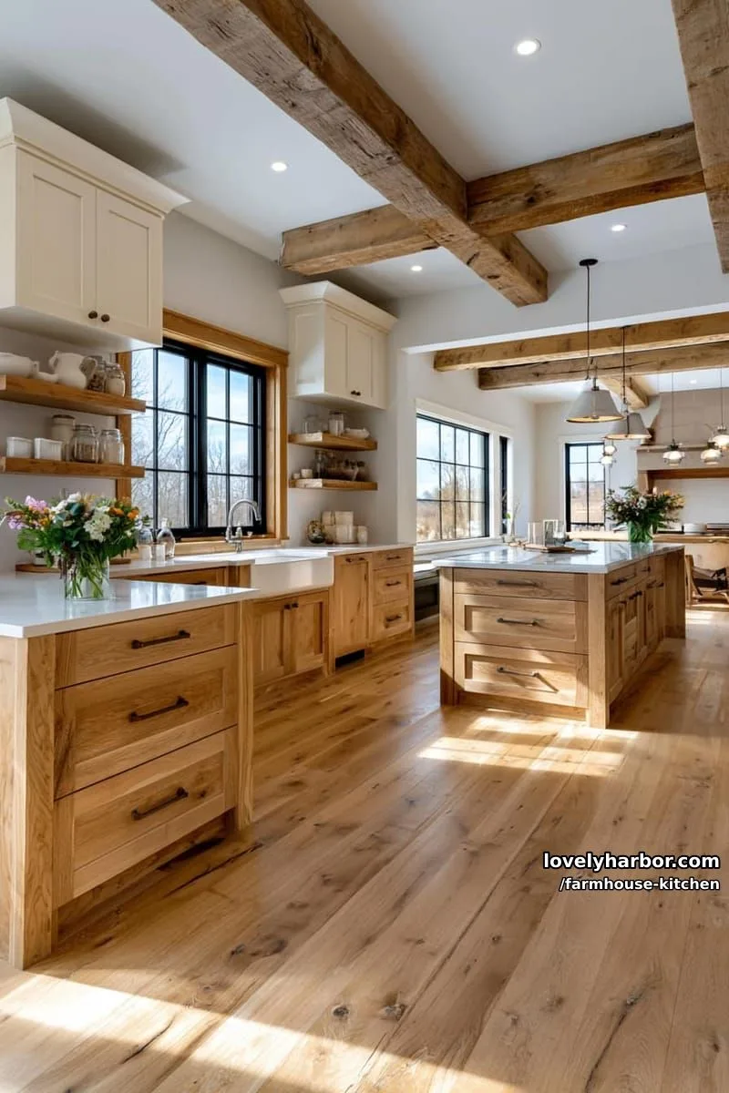 44 Trendy Farmhouse Kitchen Ideas to Inspire Your Next Remodel 31 bright farmhouse kitchen with wood beams, apron sink, and open shelving. 1