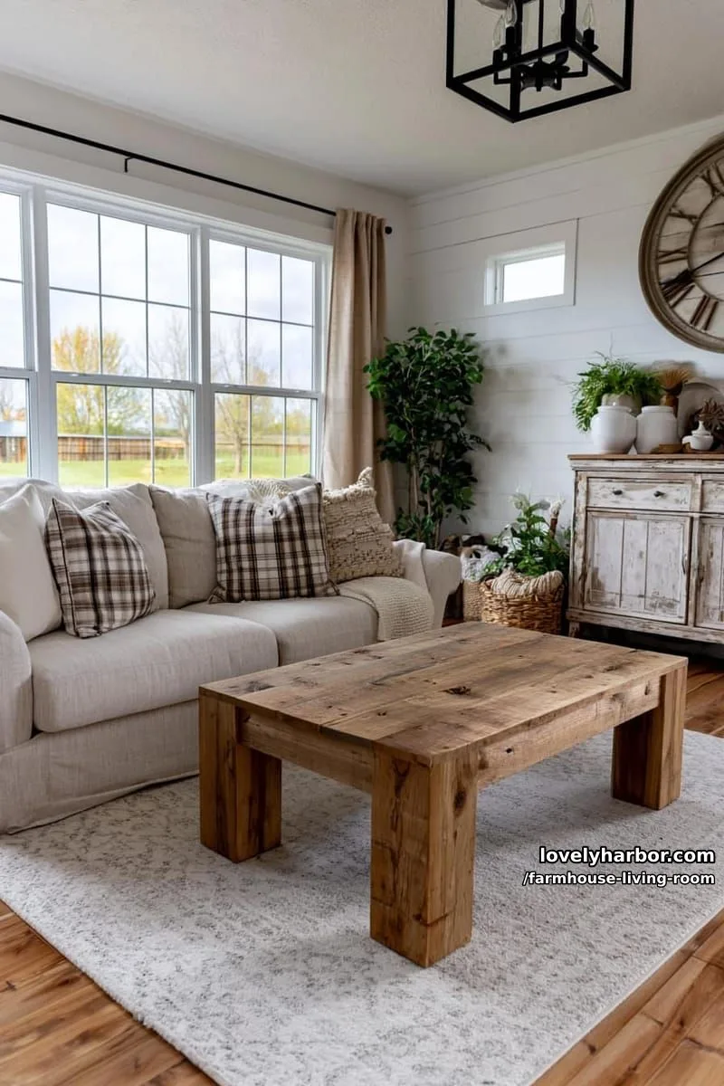 bright farmhouse living room with shiplap walls, linen sofa, wooden coffee table, and rustic decor. 1
