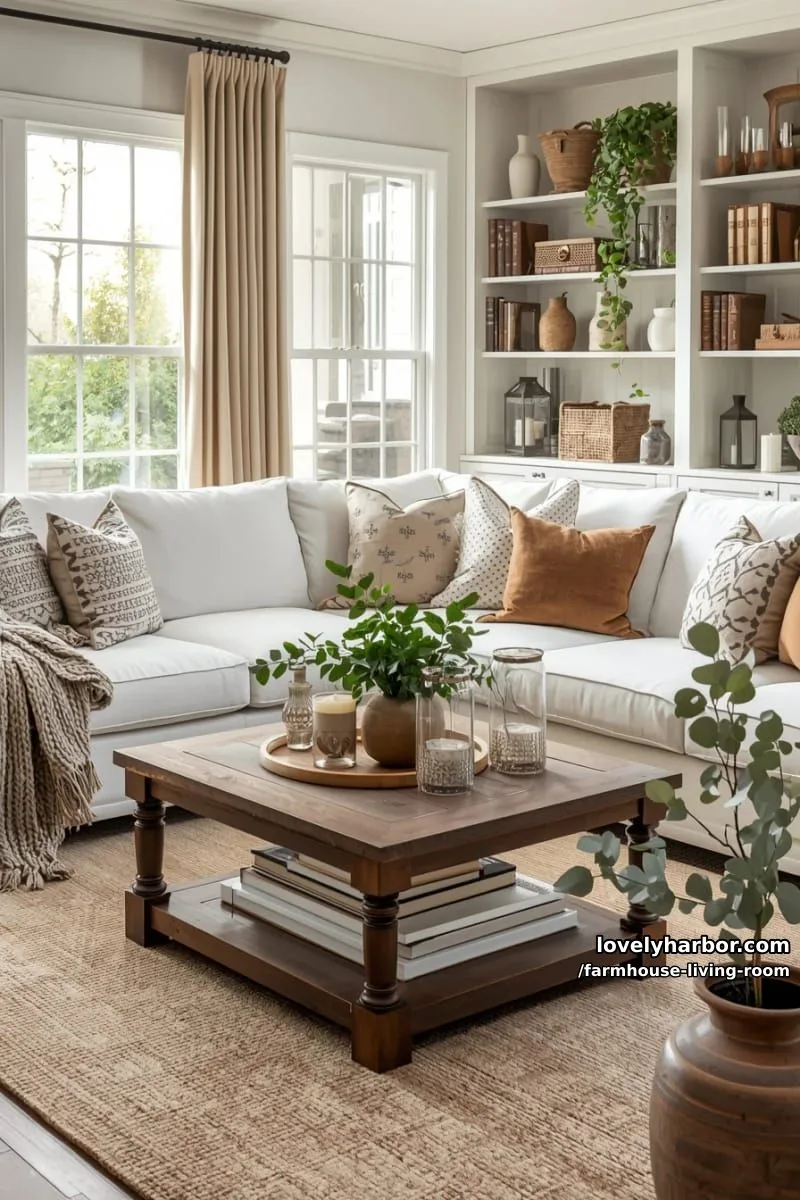 bright farmhouse living room with white sectional, patterned pillows, rustic coffee table, and shelves. 1