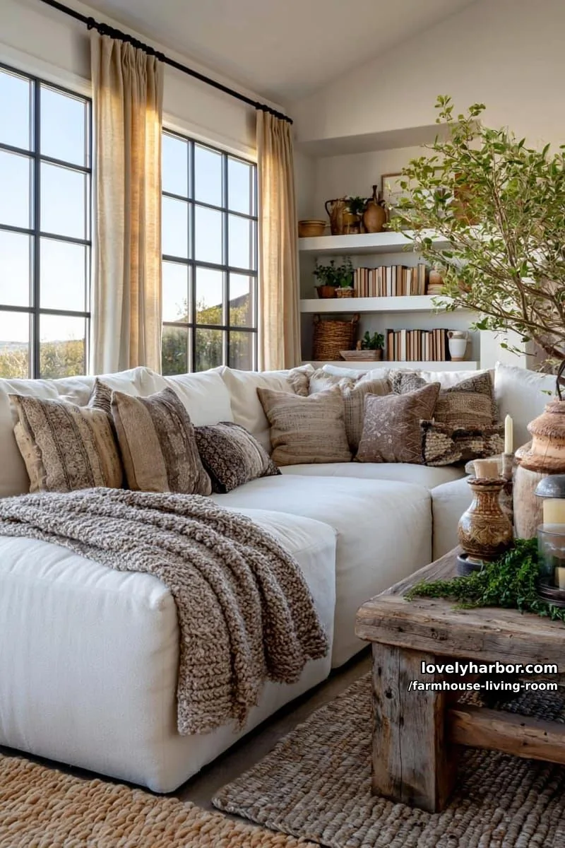 bright farmhouse living room with white sectional, patterned pillows, rustic coffee table, and shelves. 1